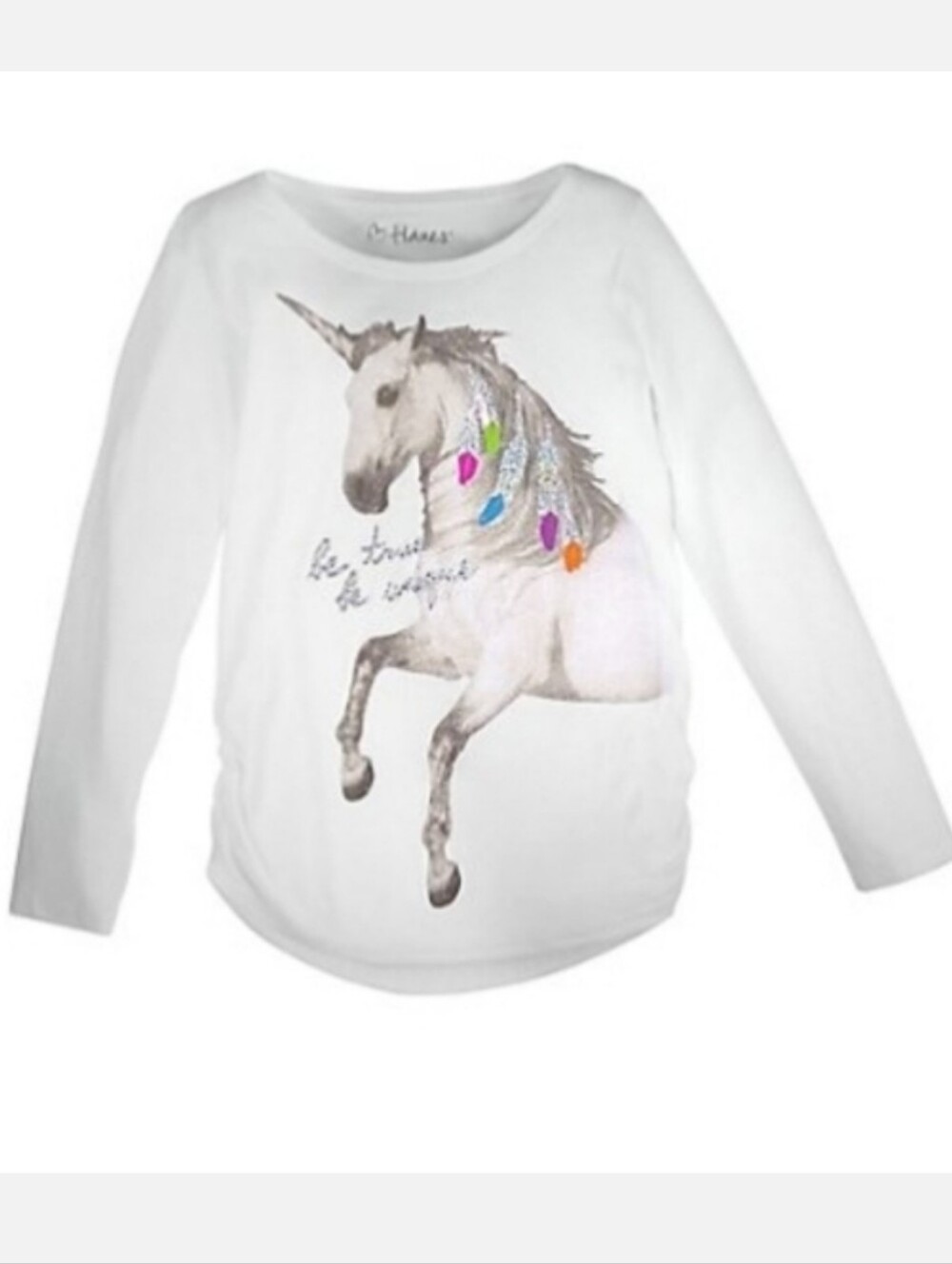 Hanes White Long-Sleeve Unicorn Tee with Multicolor Mane Accents